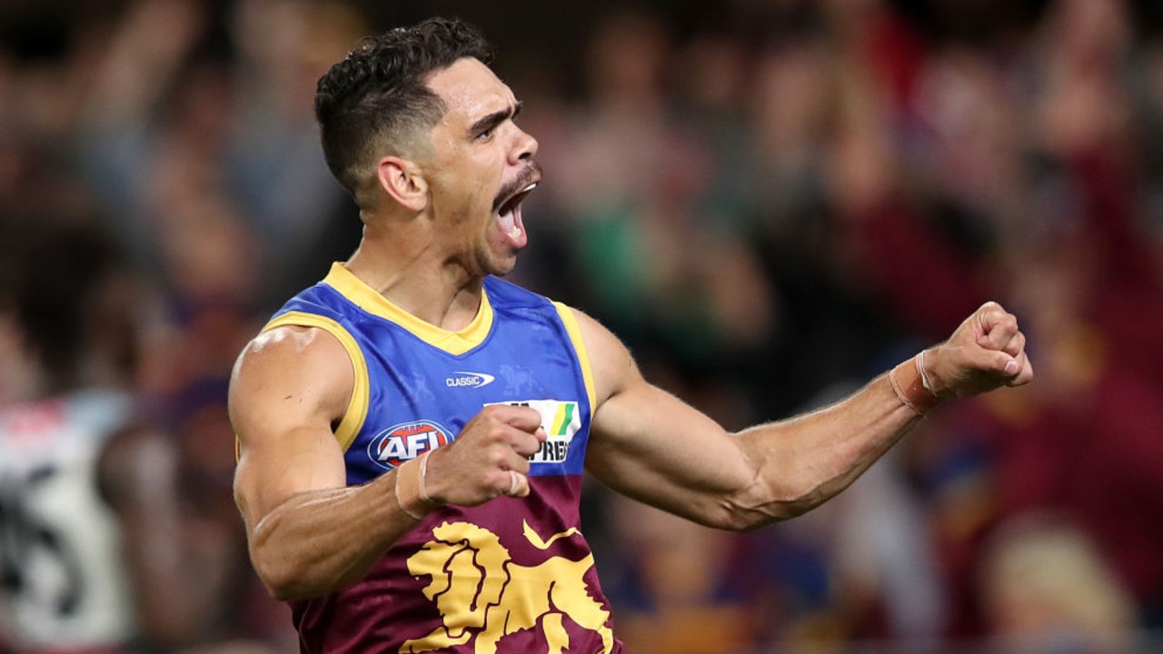 BRISBANE, AUSTRALIA - MAY 01: Charlie Cameron of the Lions celebrates a goal during the round seven AFL match between the Brisbane Lions and the Port Adelaide Power at The Gabba on May 01, 2021 in Brisbane, Australia. (Photo by Jono Searle/AFL Photos/via Getty Images)