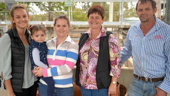 Tayla Stanke, Abby and Casssandra Hinz, Judy and Mark Stanke at the Central Queensland Livestock Exchange. Picture: Jann Houley