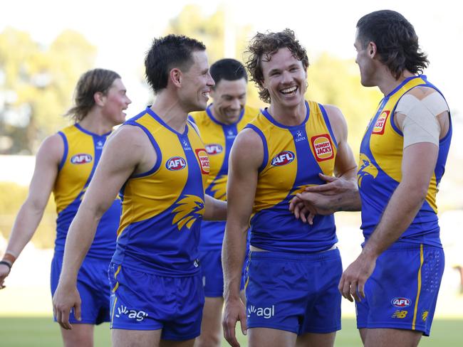 PERTH, AUSTRALIA – MARCH 01: Jayden Hunt of the Eagles shares a laugh after the win during the 2025 AAMI AFL Community Series match between West Coast Eagles and North Melbourne Kangaroos at Hands Oval on March 01, 2025 in Bunbury, Australia. (Photo by James Worsfold/Getty Images)