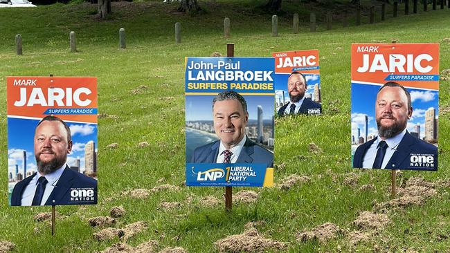 Election signage in the electorate of Surfers Paradise. It includes Surfers Paradise itself as well as Main Beach, Broadbeach, Broadbeach Waters, Clear Island Waters and parts of Bundall, Benowa and Carrara. Picture: Ashleigh Jansen