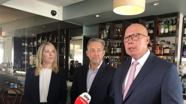 Federal Opposition leader Peter Dutton (right) with the Liberal candidate for Warringah, Jaimee Rogers, and Liberal candidate for Mackellar, James Brown, after a meet-the-voters roundtable held at the Stella Blu Italian restaurant in Dee Why on Wednesday.