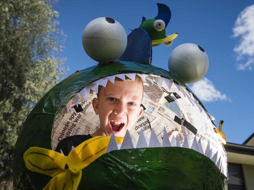 Clifton State School student Caleb Morris with his piranha costume. Picture: Kevin Farmer