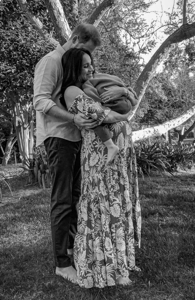 Prince Harry and his wife Meghan Markle with son Archie. They disclosed the gender of their second baby, a girl due later this year, during an interview with Oprah. Picture: Misan Harriman via Instagram