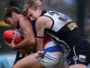 1/08/2015 SANFL Port Adelaide v Centrals at Alberton Oval. Port's Dougal Howard drives Central's Justin Hoskin outer bounds.Pic Mark Brake