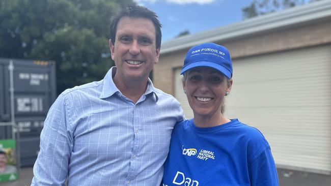 The LNP incumbent for the seat of Ninderry, Dan Purdie, with his wife Andrea Purdie at the Coolum State School on October 26.