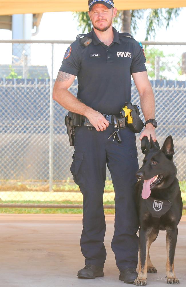 Senior Constable Ben Stove and Arnhem part of the NT Police Dog Squad. Picture: Glenn Campbell