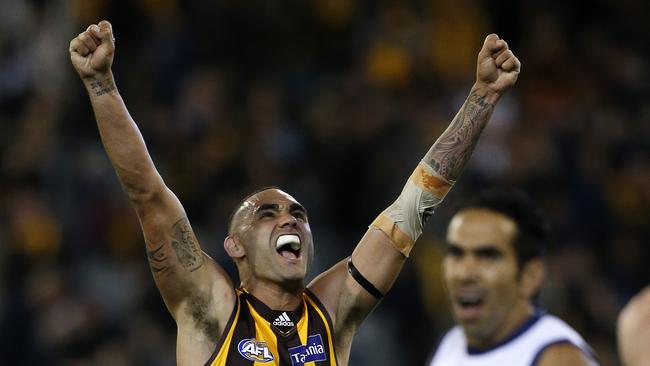 Shaun Burgoyne celebrates his 300th with a win against the Crows in 2016. Picture: George Salpigtidis