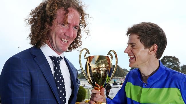 Trainer Ciaron Maher and Nick Hall celebrate Jameka’s triumph in the Caulfield Cup. Picture: Mark Stewart