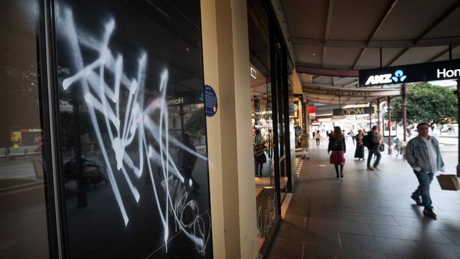 Bourke St in Melbourne’s CBD is repeatedly hit by taggers. Picture: Tony Gough