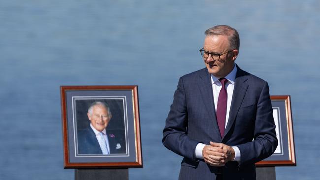 CANBERRA, AUSTRALIA - NewsWire Photos JANUARY 26, 2023: The National Australia Day Flag Raising and Citizenship Ceremony was held inCanberra on the morning of Australia Day. A new portrait of King Charles on the stage with Prime Minister Anthony Albanese at the event.Picture: NCA NewsWire / Gary Ramage