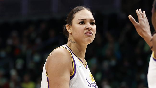 SEATTLE, WASHINGTON - MAY 20: Liz Cambage #1 and Nneka Ogwumike #30 of the Los Angeles Sparks react against the Seattle Storm during the second half at Climate Pledge Arena on May 20, 2022 in Seattle, Washington. NOTE TO USER: User expressly acknowledges and agrees that, by downloading and or using this photograph, User is consenting to the terms and conditions of the Getty Images License Agreement. (Photo by Steph Chambers/Getty Images)