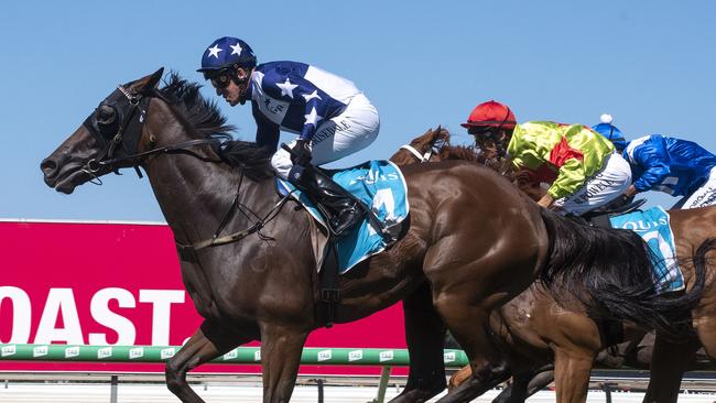 Jockey Jon Grisedale rode Tiomo to victory in the Class 1 Handicap (1800m) at the Gold Coast Turf Club on Saturday, March 21, 2020. Picture credit: Greg Irvine, Magic Millions.