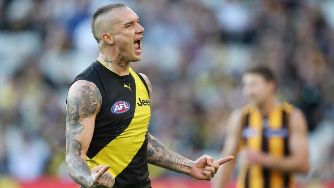 AFL Round 9. 19/05/2019.  Richmond v Hawthorn at the MCG.   Richmonds Dustin Martin  celebrates a goal in the 2nd quarter    . Pic: Michael Klein.