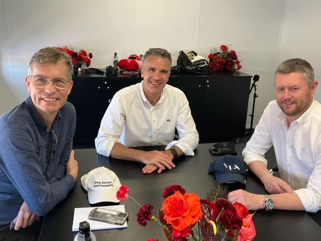 University of Adelaide vice-chancellor and president Professor Peter Hoj, Premier Peter Malinauskas, University of South Australia vice-chancellor and president Professor David Lloyd. Meeting in room at South Australia Suite, VALO Adelaide 500, on Sunday at 4pm. Picture: Paul Starick