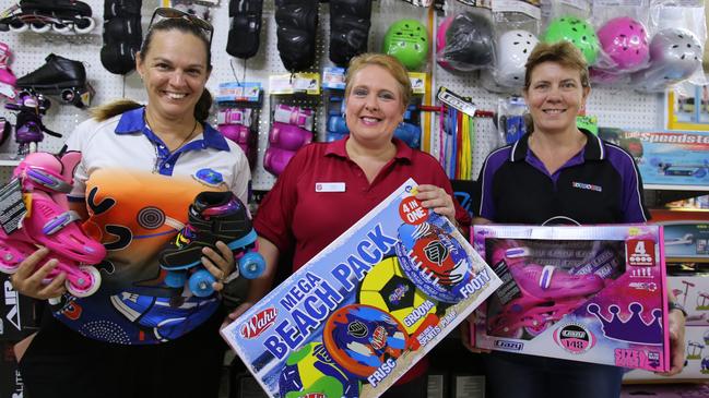 Bowen Toyworld owner Sue Mawhirt (right) is preparing to close the doors of the longstanding store. She’s pictured here with Bowen Neighbourhood Centre co-ordinator Stephanie Cora, Bowen Salvation Army store manager Kerry Coe. Picture: Jordan Gilliland