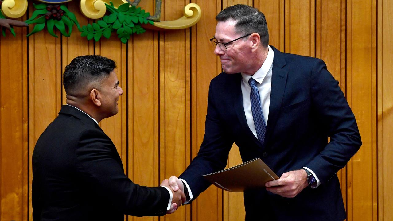 The investiture of newly elected Townsville City Councillors at the council chambers. Former Townsville City Council CEO Prins Ralston and newly sworn-in Mayor Troy Thompson shake hands. Two days after the photograph was taken, Dr Ralston announced his intentions to resign. Picture: Evan Morgan