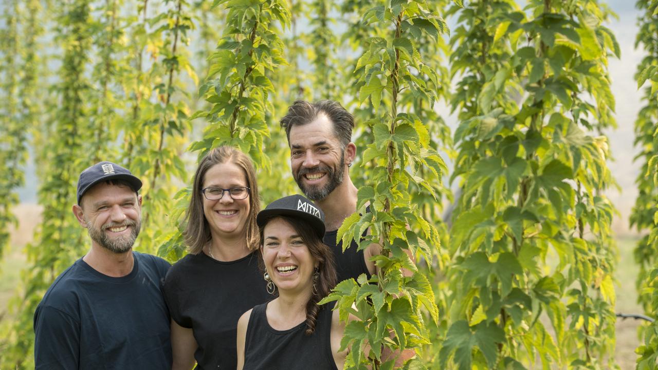 Mitta Mitta Brewing Company is run by Tim Cabelka and his wife, Jen, Chris Rowe and Alec Pennington. The craft brewery in Victoria’s North East is one of the few in Australia to also grow their own hops. Picture: Zoe Phillips