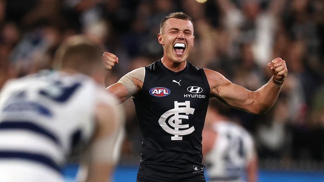 Carlton skipper Patrick Cripps celebrates as the final siren sounds. Picture: Michael Klein