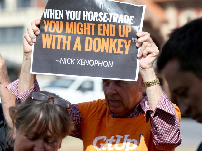 07/04/2017  Members of GetUp! with two donkeys in Adelaide as the lobby group Òcalls outÓ Senator Nick XenophonÕs support for business tax cuts. Kelly Barnes/The Australian.