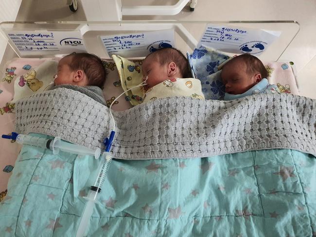 Triplets born to Australian couple Kate and Russell Shields who are now trapped in Georgia. Picture: Supplied Picture: Supplied