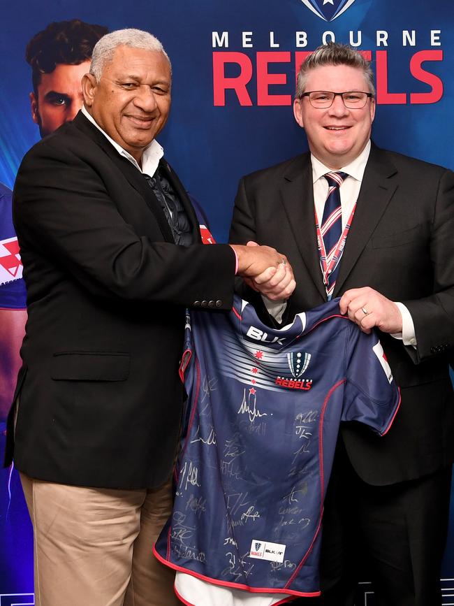 Former Fiji Prime Minister Frank Bainimarama with Melbourne Rebels chair Paul Docherty.