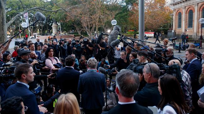 Journalists Chris Masters and Nick McKenzie address the media after the judgment was handed down. Picture: NCA NewsWire / Nikki Short