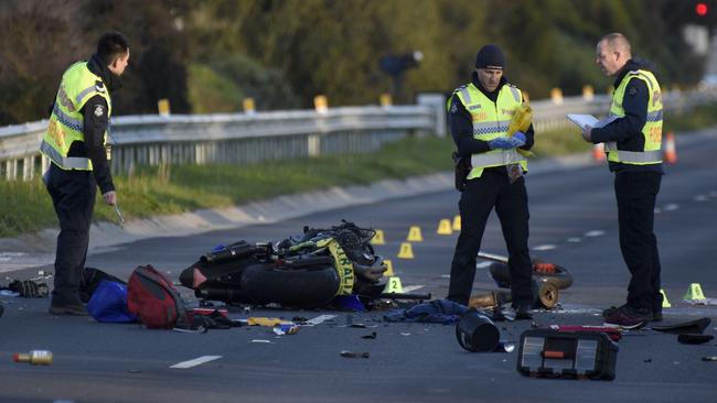 The horror scene in Cranbourne North that claimed the life of Clyde motorcyclist Matt Weegink. Picture: Andrew Henshaw