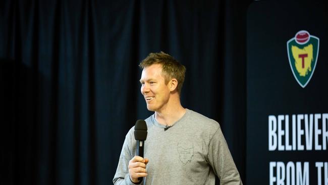 Jack Riewoldt reacts to a yarn told by a Queenstown local at his first Tasmanian AFL team Community Engagement event. Picture Jasper Da Seymour