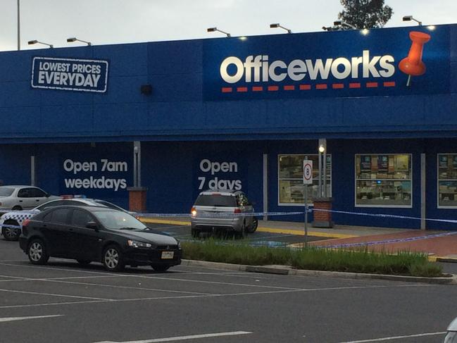 The crime scene at the Officeworks store in 2016.