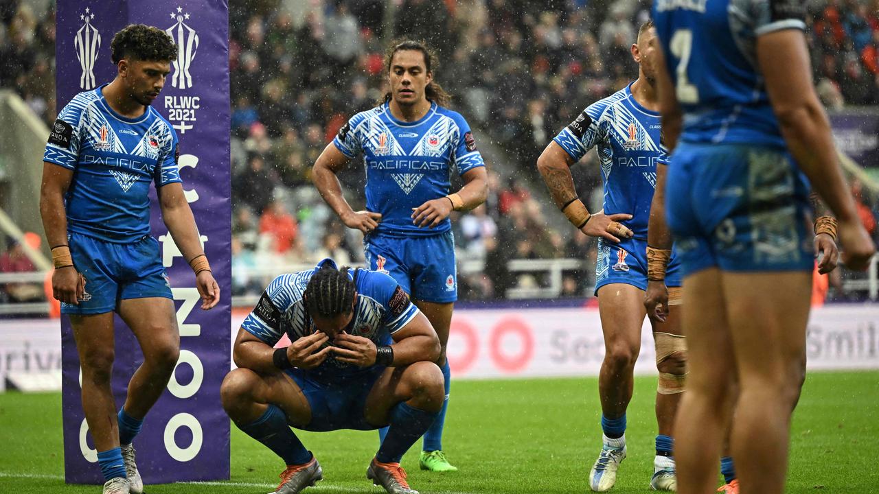 Samoa coach Matt Parish has sensationally stood his players down from media duties after their embarrassing loss to England. Picture: AFP.