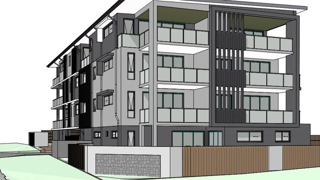 A front perspective of a nine-unit, four-storey apartment building planned for 26 Wellesley St, Wellington Point.