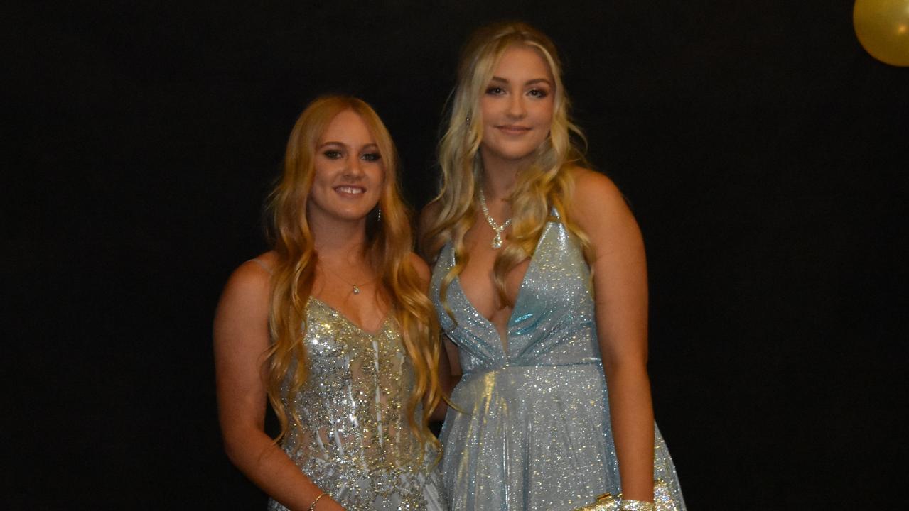 Scarlett Day and Latisha Chatwin at the 2022 Kawana Waters State College formal. Picture: Sam Turner