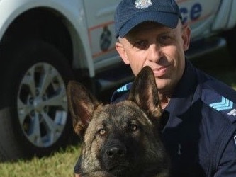 Rambo with his handler Sgt Ian Grigoris. Picture: Supplied by Police Media