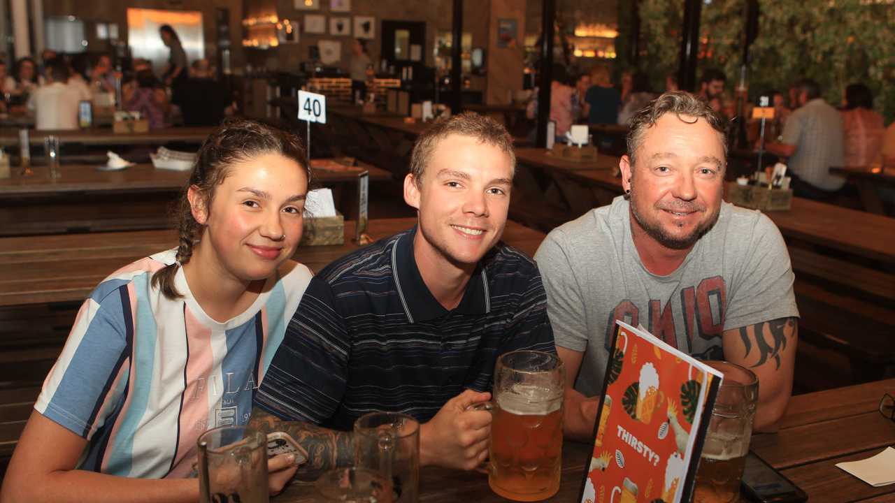 Jaimey, (left) Kai and Jason Bauer at The Bavarian Toowoomba earlier this year before lockdown. Picture: Allan Scurr