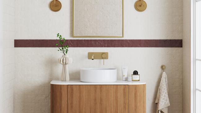 A favourite element can incorporated into overall design by using it sparingly such as this chocolate tile with the Nomad vanity by Temple &amp; Webster.