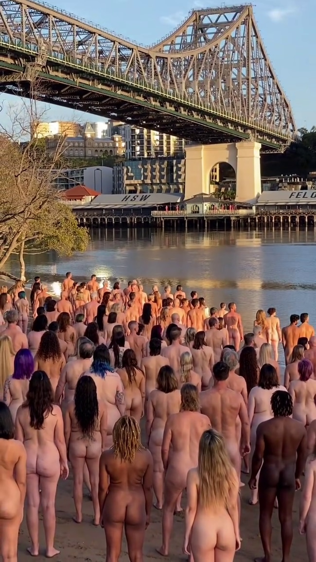 Spencer Tunick photographed around 150 people on November 18, 2023 for his first Brisbane project titled 'TIDE' along the banks of the Brisbane River.