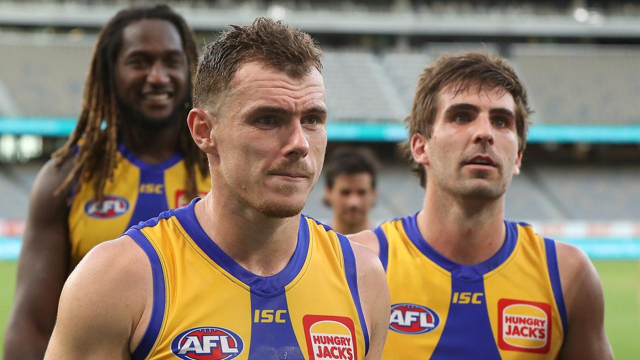 PERTH, AUSTRALIA - MARCH 22:Luke Shuey and Andrew Gaff of the Eagles walk from the field after winning the round 1 AFL match between the West Coast Eagles and the Melbourne Demons at Optus Stadium on March 22, 2020 in Perth, Australia. (Photo by Paul Kane/Getty Images)