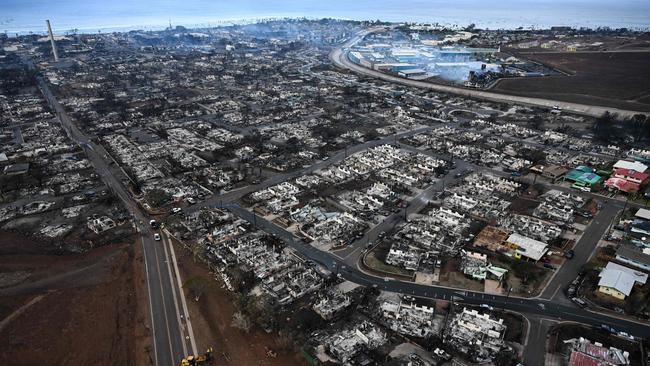 An aerial image taken on August 10, 2023 shows destroyed homes and buildings burned to the ground in Lahaina in the aftermath of wildfires in western Maui, Hawaii. Picture: AFP