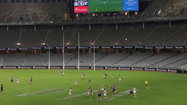 Fans were absent from the Fremantle versus North Melbourne game at Optus Stadium on Saturday. Picture: Paul Kane/Getty Images