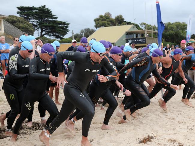 Wreck2Reef swims at Indented Head beach. 40-49 and 50-59 year old male race gets under way. Picture: Mike Dugdale