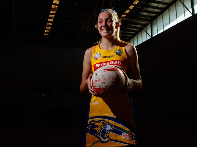 Newton Jaguars netballer Sienna Burns pictured at Netball SA Stadium on May 18, 2022. Sienna was recently selected for the Australian U17 squad and is working her way up the ranks at Premier League club Newton Jaguars. Picture Matt Turner.