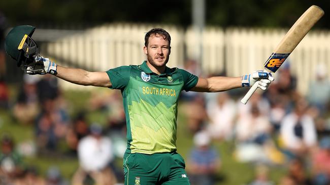 David Miller celebrates after reaching his century during against Australia at Blundstone Arena last year. Picture: Ryan Pierse/Getty