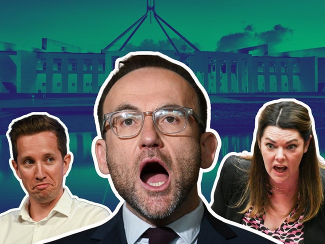 Greens Max Chandler-Mather, Adam Bandt and Sarah Hanson-Young.