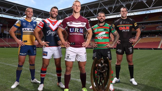 Embargoed for The Daily Telegraph, speak to the Sydney sports desk or Pic desk before using. Sydney teams Clint Gutherson (Parramatta Eels), James Tedesco (Sydney Roosters), Daly Cherry-Evans (Manly-Warringah Sea Eagles), Adam Reynolds (South Sydney Rabbitohs), and Isaah Yeo (Penrith Panthers), The 2021 NRL Telstra Premiership Finals Series launch, Suncorp Stadium. Picture: Liam Kidston