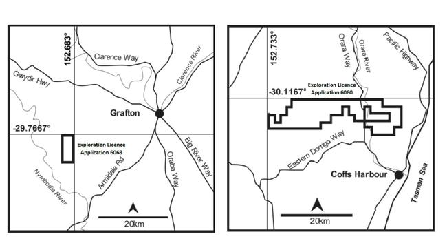 Two exploration licence applications have been submitted by Christopher Wilson Investments for mining in the Coffs/Clarence region. One is north west of Coffs Harbour on either side of the Orara Way and River, the other is south east of Grafton close to the Nymboida river.