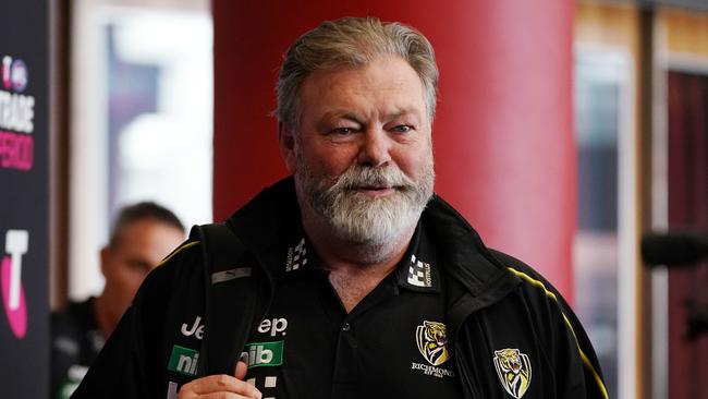 Richmond Tigers Football Manager Neil Balme speaks to media during the opening day of the AFL trade period as club representatives begin trade discussions in Melbourne, Monday, October 7, 2019. (AAP Image/Michael Dodge) NO ARCHIVING