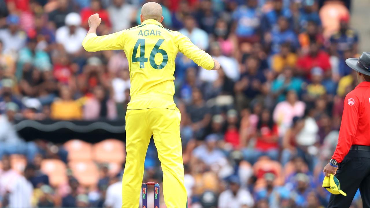 Ashton Agar comes close to a wicket against Sri Lanka.