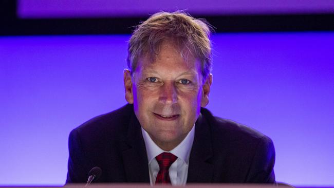 Rio Tinto CEO Jakob Stausholm during the company’s AGM in Melbourne on Thursday. ‘It’s very clear – and it’s not just in Australia – we are just not developing renewable energy fast enough. That’s where we need to put our focus,’ he said. Picture: Aaron Francis