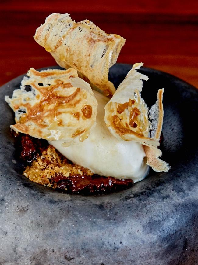 Paperbark ice cream with native honey and Ferrero lavazza by Jock Zonfrillo at Orana, Adelaide.