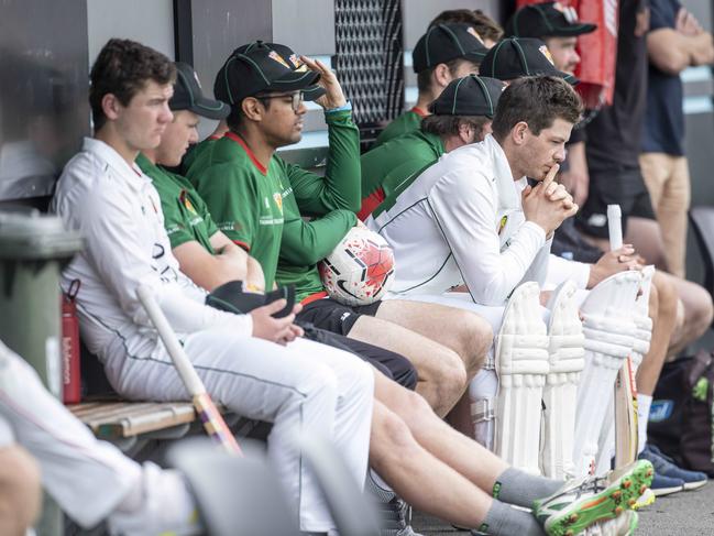 Photograph shows Tim Paine with Tas 2 team mates at Lindisfarne whilst waiting to bat. Picture Eddie Safarik